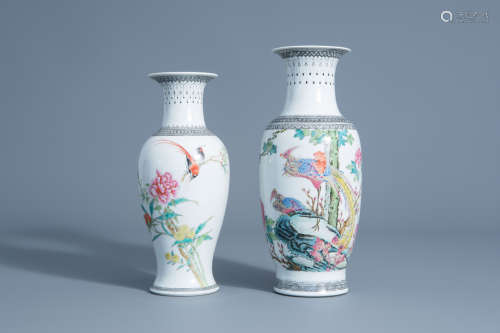 Two Chinese famille rose vases with birds among blossoming branches, 20th C.