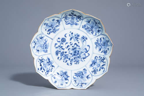 A Chinese blue and white lotus dish with floral design, Kangxi