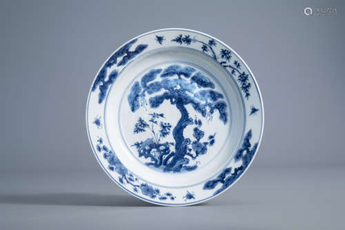 A Chinese blue and white 'Three Friends of Winter' dish, Chenghua mark, Kangxi