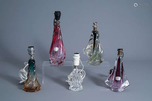 Five lamp bases in mainly coloured crystal, a.o. Val Saint Lambert, 20th C.