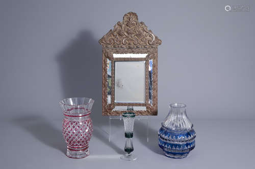 Two partly coloured overlay crystal cut vases and a glass, Val Saint Lambert, and a mirror, 20th C.