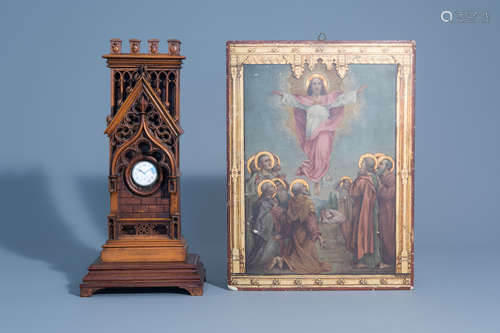 A wooden Gothic revival chapel shaped watch holder and a Ressurection of Christ, Holland, 19th/20th