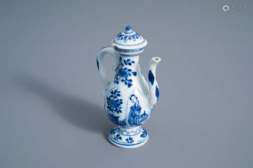 A Chinese blue and white ewer and cover with figures and floral design, Kangxi
