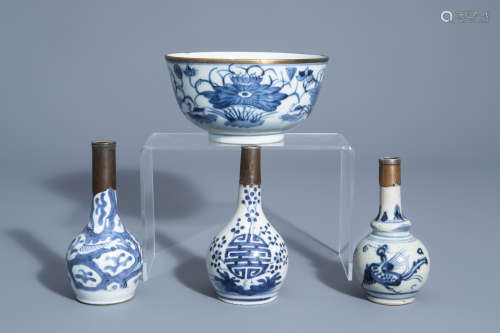 Three Chinese 'Bleu de Hue' vases and a bowl for the Vietnamese market, 19th C.