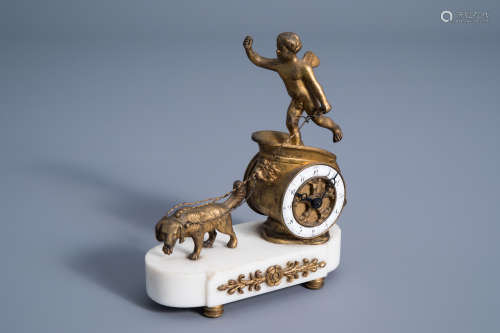 A French white marble and gilt bronze mantel clock with a chariot, 19th/20th C.