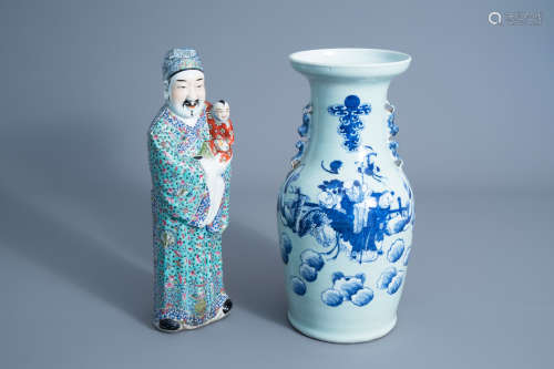 A Chinese famille rose 'Star God' figure and a blue and white celadon vase, 19th C.