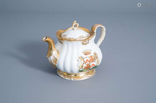 A Berlin polychrome and gilt decorated porcelain armorial teapot, Schmeisser Porzellan Manufaktur, 1