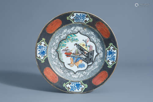 A fine Chinese porcelain famille rose plate with a lady playing 'qin', Yongzheng