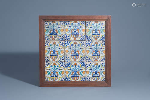 A field of nine polychrome maiolica tiles with floral design, Antwerp, about 1600