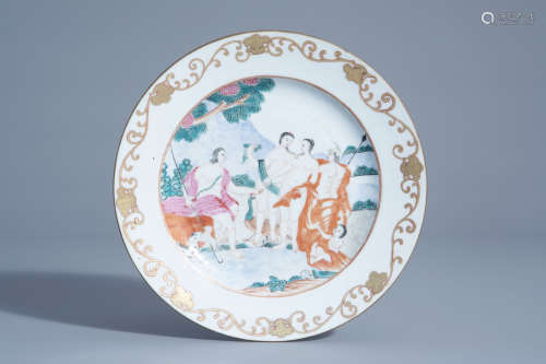 A Chinese famille rose 'The judgement of Paris' export plate, Qianlong