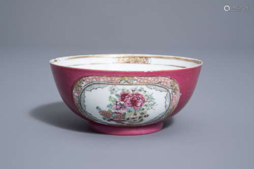 A Chinese famille rose 'ruby ground' bowl with floral design, Yongzheng