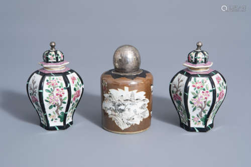 A Chinese grisaille Batavian ware tea caddy and two Samson famille rose style tea caddies, 18th/19th
