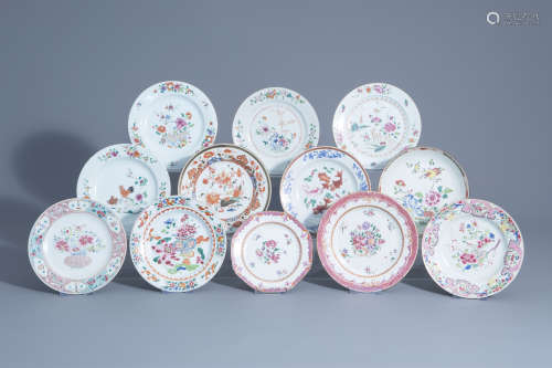 Twelve Chinese famille rose and verte-Imari plates with different designs, Yongzheng/Qianlong