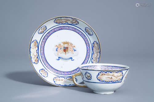 A Chinese famille rose Portuguese market armorial 'Count of Barca' tea bowl and saucer, Jiaqing