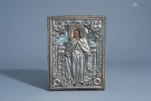 A Russian icon, 'Saint Paul' with silver oklad or riza, 19th C.