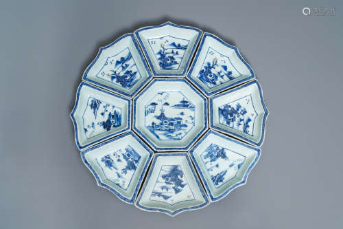 A Chinese blue and white sweetmeat or rice table set with landscape design, 18th/19th C.