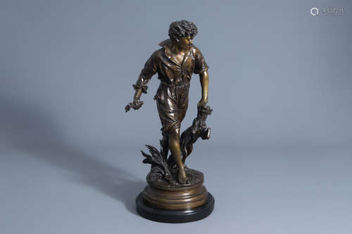 Auguste Moreau (1834-1917): A young boy playing with his dog, patinated bronze on a black marble bas