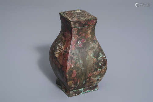 A Chinese bronze 'fang hu' vase and cover, Han or Tang