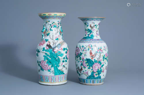 Two Chinese famille rose vases with birds among blossoming branches, 19th C.