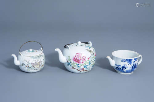 Two Chinese qianjiang cai teapots and covers and a blue and white teapot, 19th/20th C.
