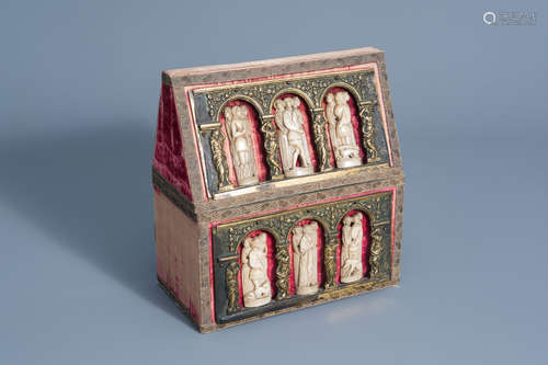 A Gothic revival wooden reliquary box with gilt bronze mounts and bone Embriacchi style carvings, Fr