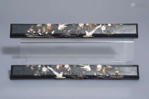 A pair of Chinese inlaid wooden wrist rests or scroll weights, 19th/20th C.