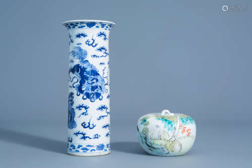A Chinese blue and white vase with Buddhist lions and a qianjiang cai jar and cover, 19th/20th C.
