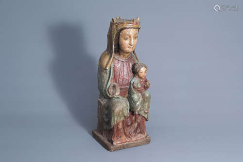 A carved and polychrome painted wooden Sedes Sapientiae or Virgin on the Seat of Holy Wisdom, Southe