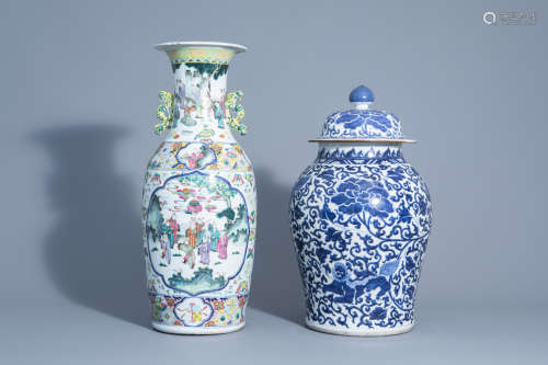 A Chinese famille rose vase and a blue and white vase and cover with different designs, 19th/20th C.