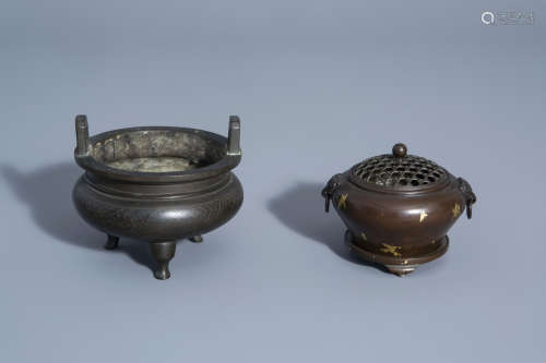 Two Chinese gold splashed and silver inlaid bronze censers, 19th/20th C.