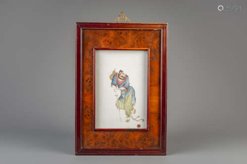 A framed Chinese famille rose plaque with Li Tieguai, 19th/20th C.