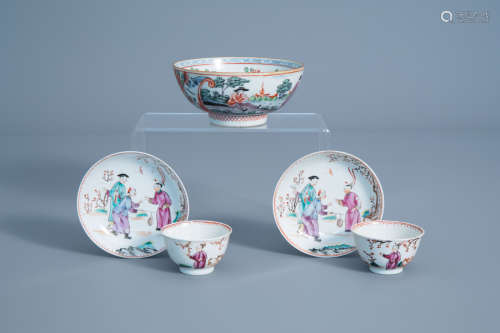 A pair of Chinese famille rose Mandarin cups and saucers and an Amsterdams bont bowl, Qianlong