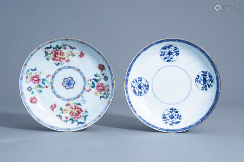 Two Chinese famille rose and blue and white plates with underglaze design, Yongzheng/Qianlong