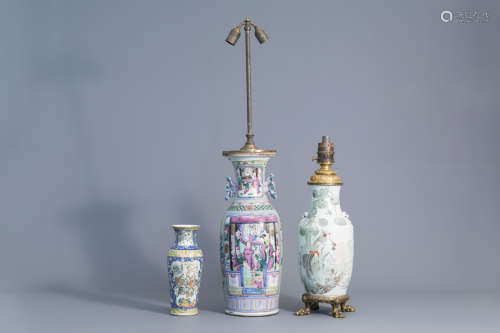 Three Chinese famille rose and qianjiang cai vases, two of which mounted as lamps, 19th C.