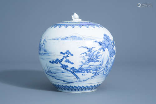 A Japanese blue and white Hirado jar and cover with landscape design, Edo/Meiji, 19th C.