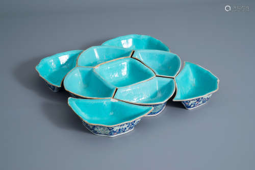 A Chinese famille rose blue ground sweetmeat or rice table set with floral design, 19th C.