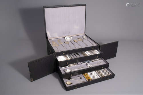 An 148-piece silver plated rococo style cutlery set with matching box, OrfŽvrerie Cama, Belgium, 20t