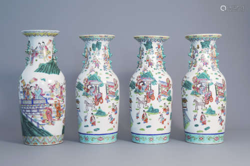 Four Chinese famille rose vases with figurative design all around, 20th C.