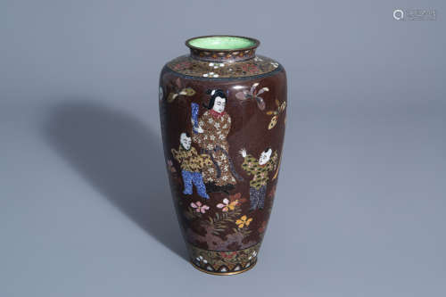 A Japanese cloisonnŽ vase with figures in a garden all around, 19th/20th C.