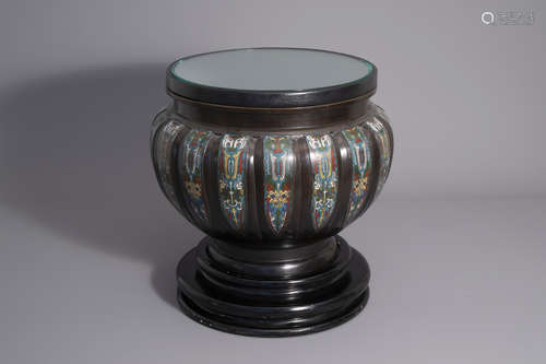 A Japanese champlevŽ enamel and bronze jardinire transformed into a side table, Meiji, 19th/20th C.