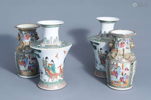 A pair of Chinese Canton famille rose vases and a pair of famille verte vases, 19th/20th C.