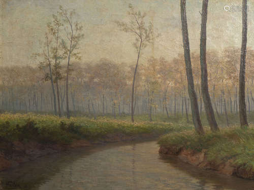 Lucien Foller (1869-1938): River landscape at dawn, oil on canvas, dated [19]05