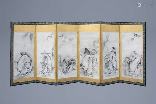 A Japanese room divider with six painted panels with figures, Meiji, 19th C.