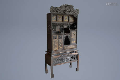 A Japanese lacquered and gilt wooden Shibayama style cabinet with ivory and mother-of-pearl inlay, M