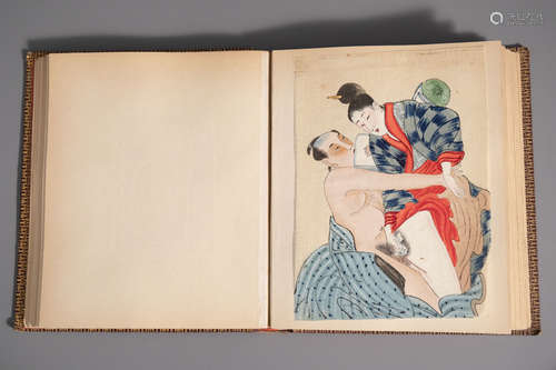 Japanese school, 19th C., ink and colour on silk: An album with 24 erotical scenes