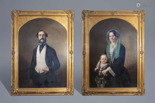 August De Wilde (1819-1886): Double portrait of a gentleman and lady of class with their son, oil on