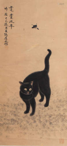 Chinese or Japanese school, ink and colour on paper, 20th C.: A black cat and a butterfly