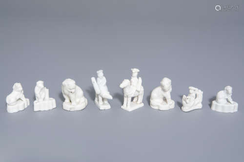 Eight Chinese Dehua blanc de Chine minature figures and whistles, Kangxi