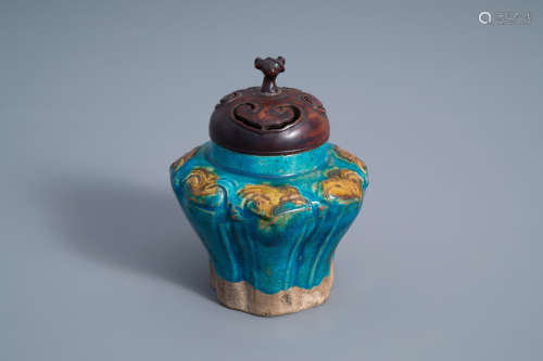 A Chinese fahua jar with wooden cover, Ming