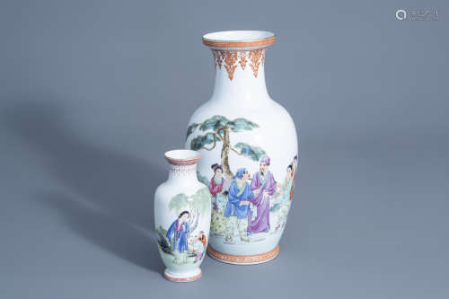 Two Chinese famille rose vases with figures in a garden, 20th C.